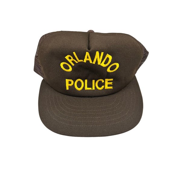 Vintage Brown & Gold Spellout Orlando Police Trucker Hat Cap Ball cap Mesh Snap - Picture 3 of 5